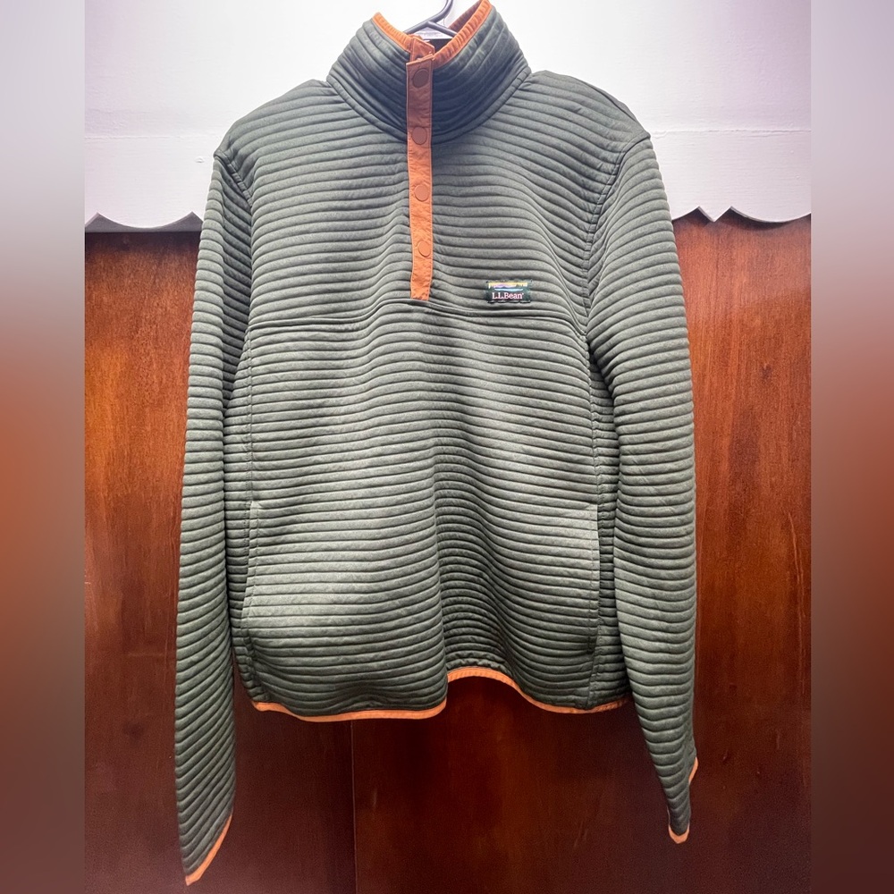 L.L. Bean Ribbed Green Pullover with Orange Trim